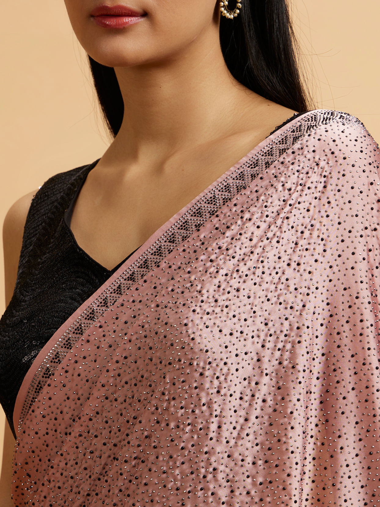 Mohey Women Pink Splendor Satin with Intricate Embroidery and Stone Work Saree