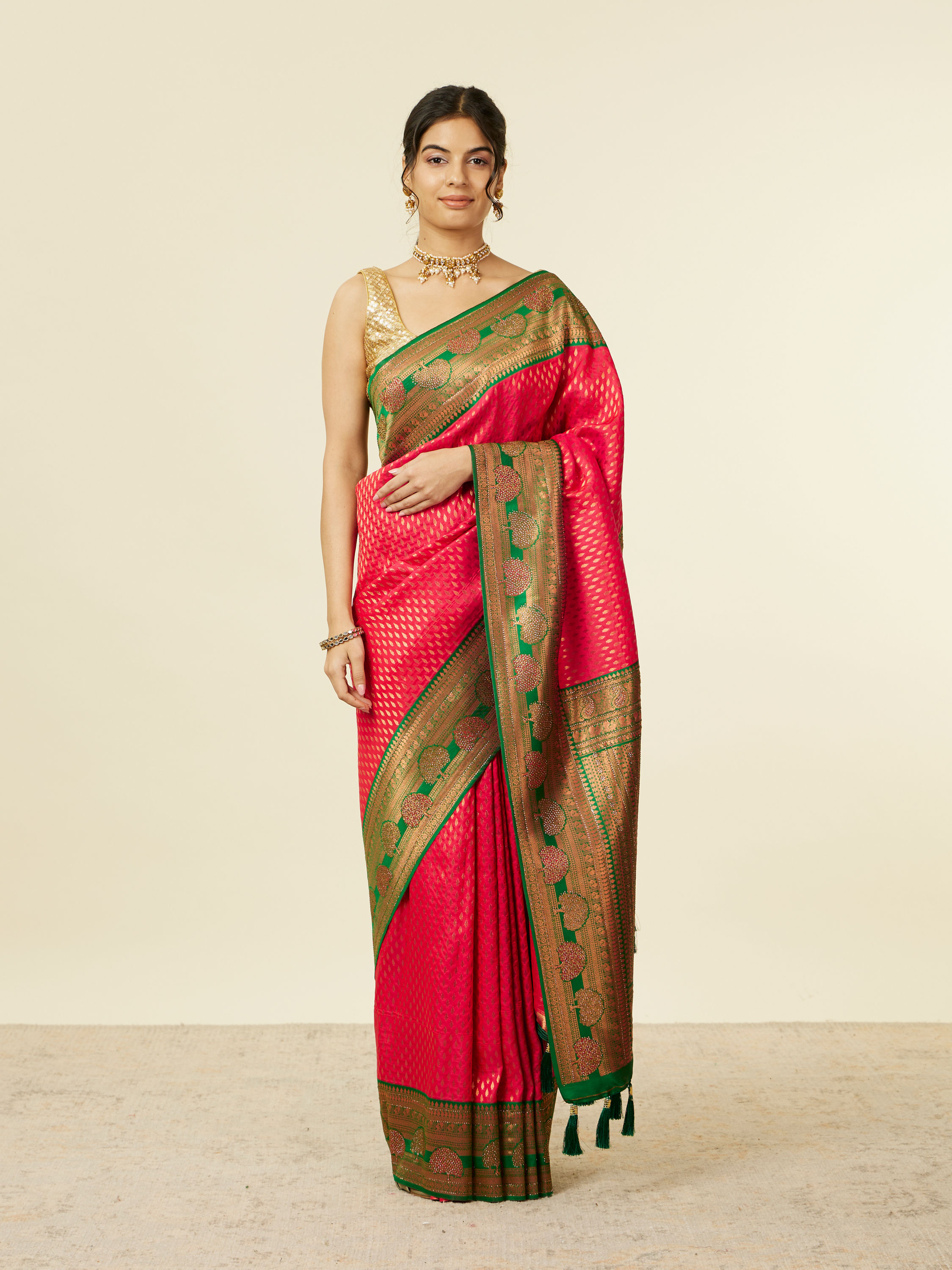 Mohey Women Rani Pink Buta Patterned Saree with Floral Leaf Border