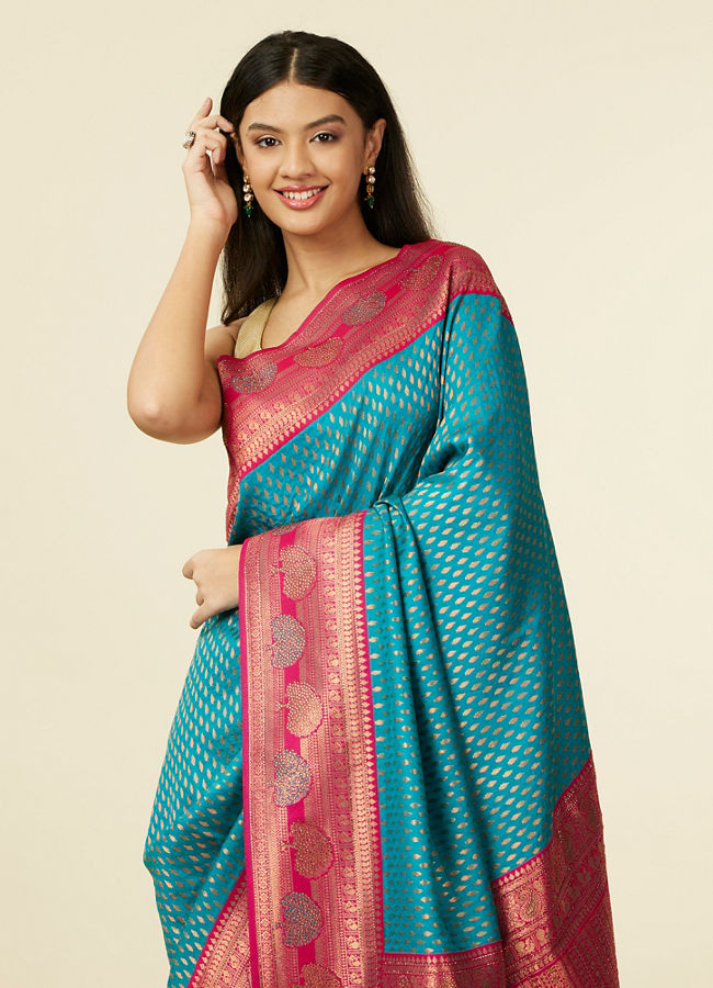 Rama Green Border Block Print Mul Saree with Blouse Piece