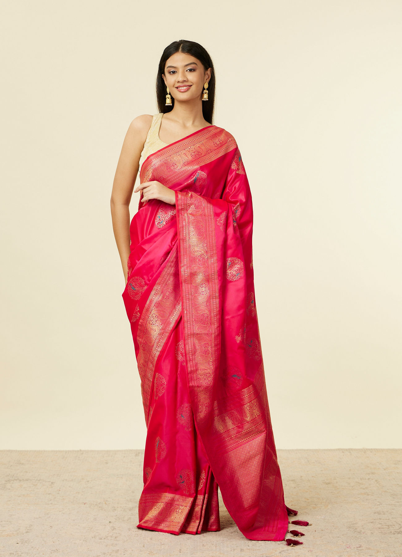 Mohey Women Rani Pink Tree of Life Pattern Saree with Paisley Patterned Border