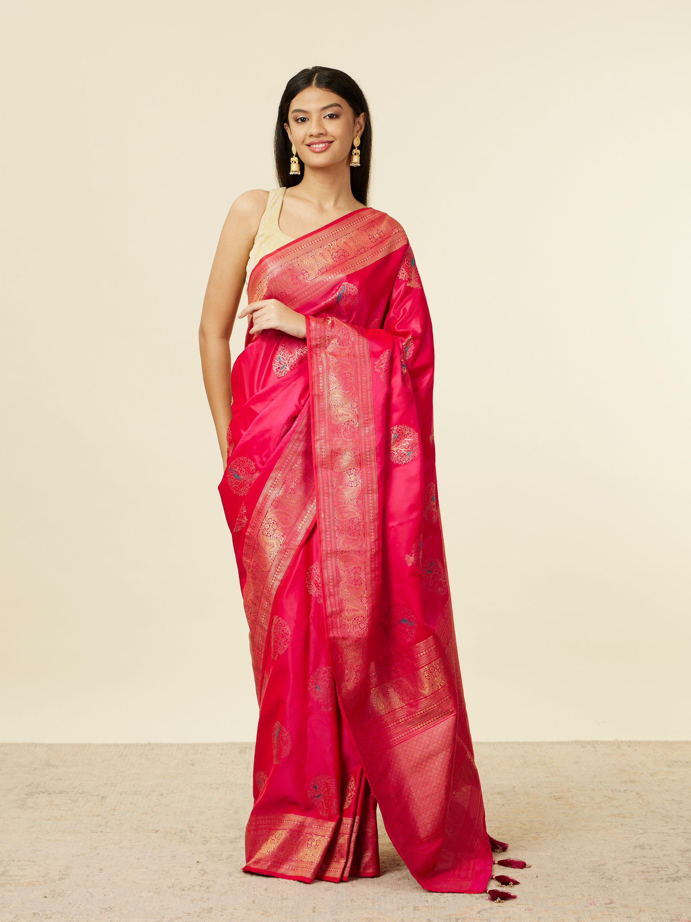 Mohey Women Rani Pink Tree of Life Pattern Saree with Paisley Patterned Border