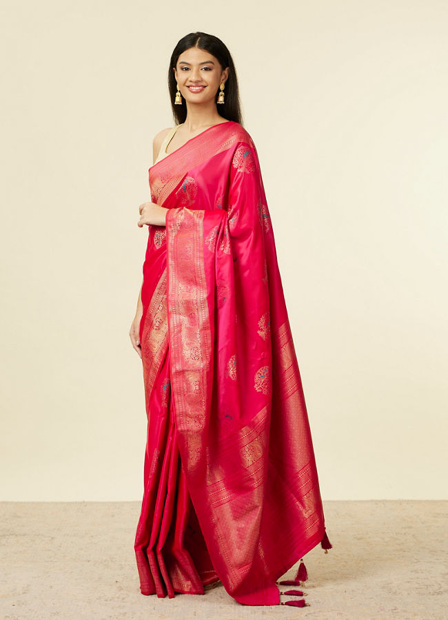 Buy Rani Pink Tree of Life Pattern Saree with Paisley Patterned Border ...