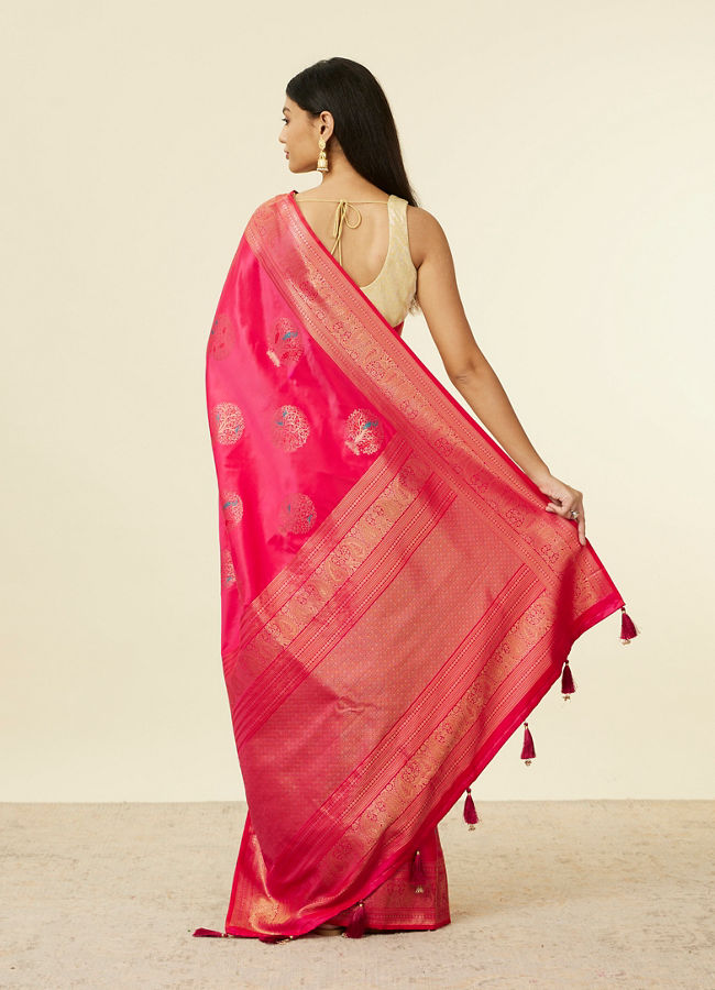 Mohey Women Rani Pink Tree of Life Pattern Saree with Paisley Patterned Border