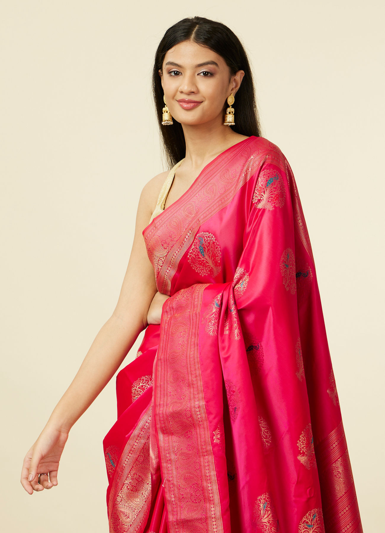 Mohey Women Rani Pink Tree of Life Pattern Saree with Paisley Patterned Border