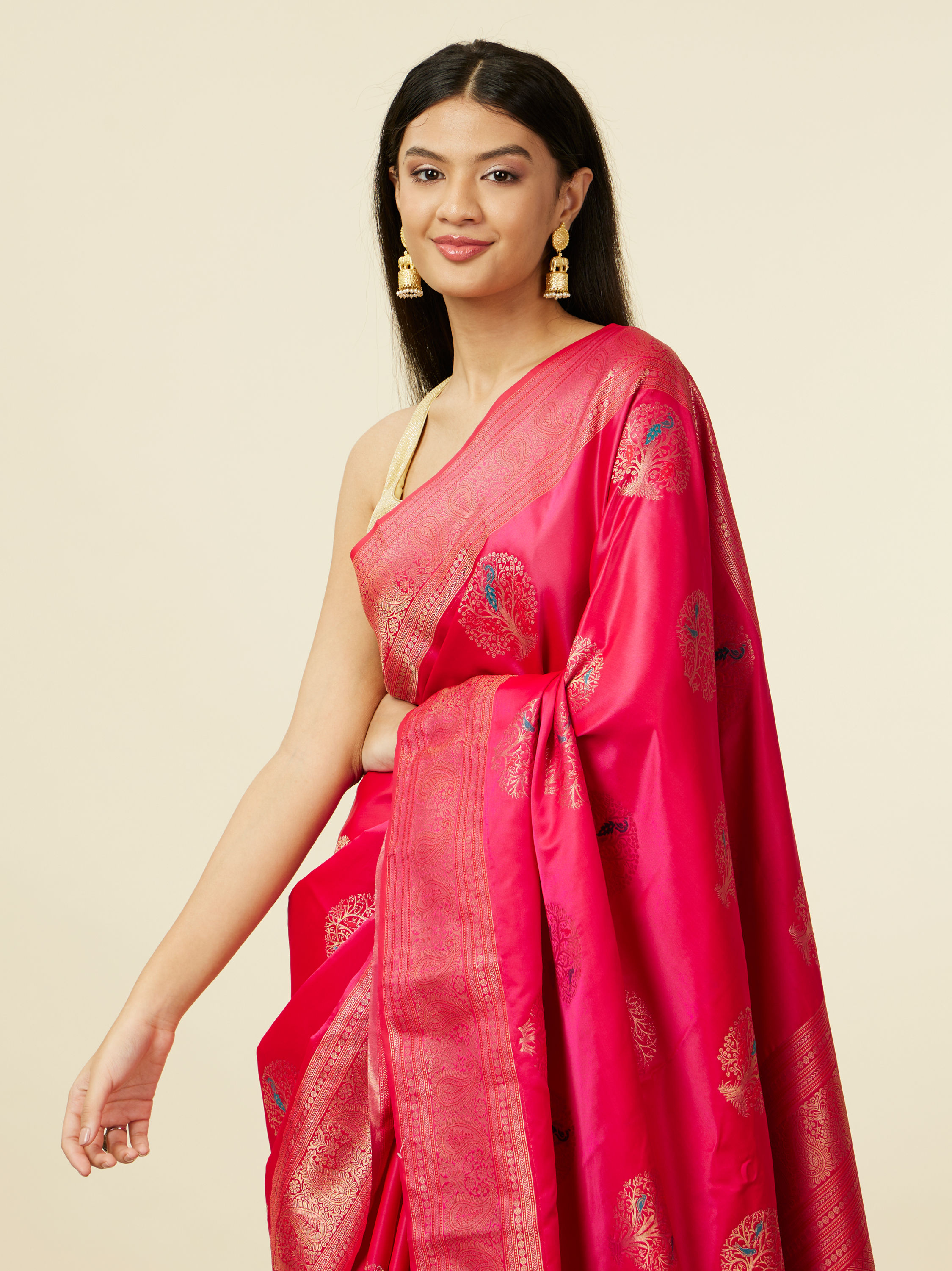 Mohey Women Rani Pink Tree of Life Pattern Saree with Paisley Patterned Border