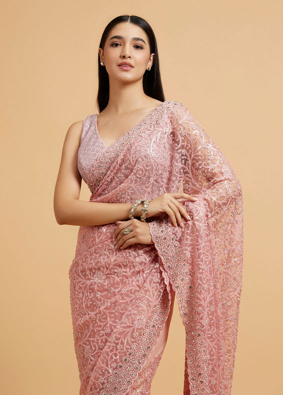 Mohey Women Blush Pink Bel Buti Embroidered Saree with Stone Embellishment