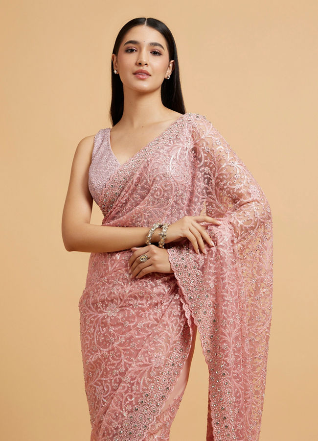 alt message - Mohey Women Blush Pink Bel Buti Embroidered Saree with Stone Embellishment image number 1