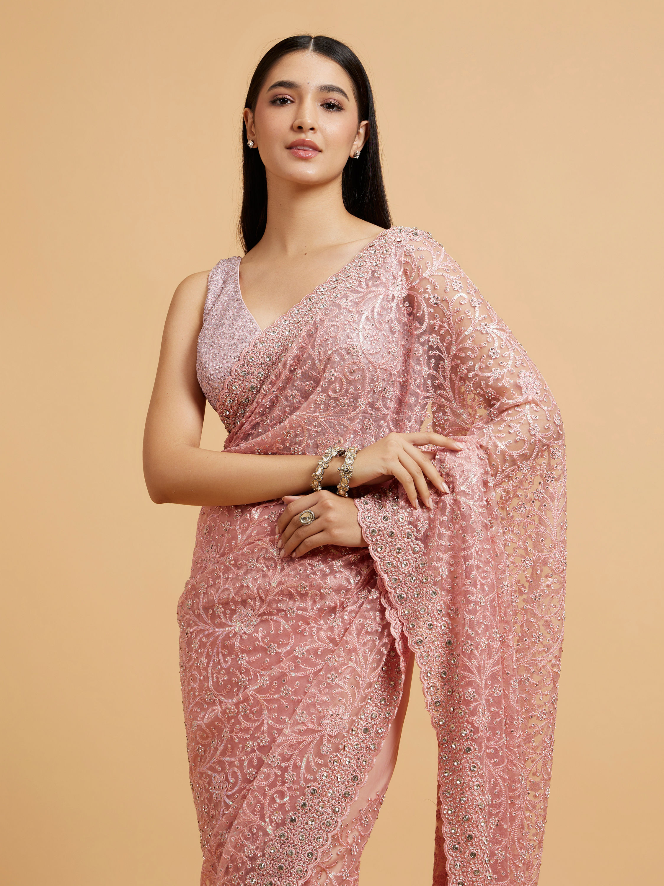 Mohey Women Blush Pink Bel Buti Embroidered Saree with Stone Embellishment