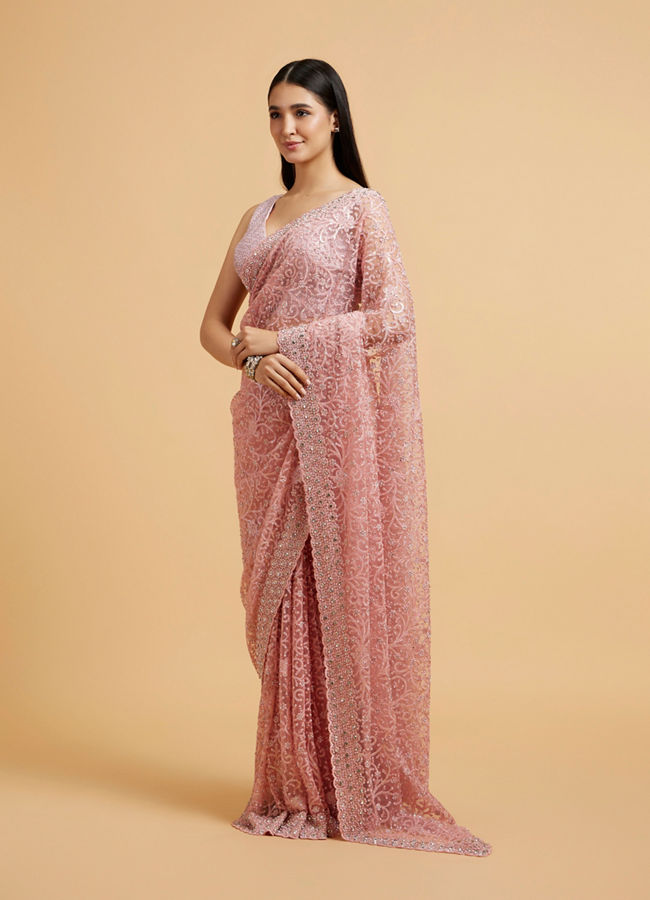 Mohey Women Blush Pink Bel Buti Embroidered Saree with Stone Embellishment