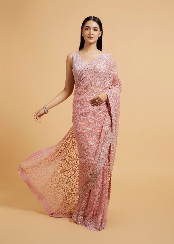 Mohey Women Blush Pink Bel Buti Embroidered Saree with Stone Embellishment