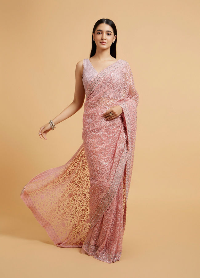 alt message - Mohey Women Blush Pink Bel Buti Embroidered Saree with Stone Embellishment image number 0