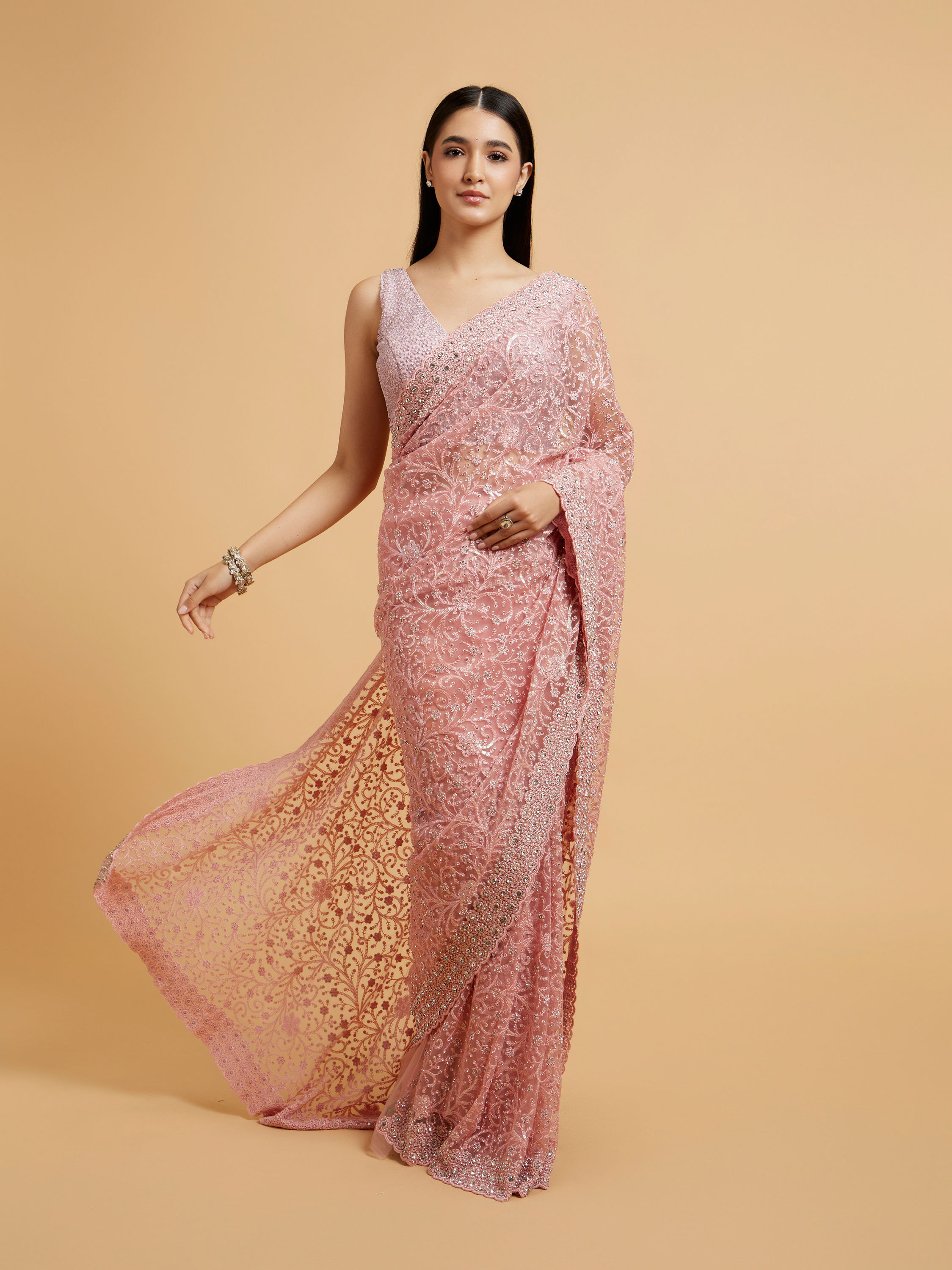 Mohey Women Blush Pink Bel Buti Embroidered Saree with Stone Embellishment