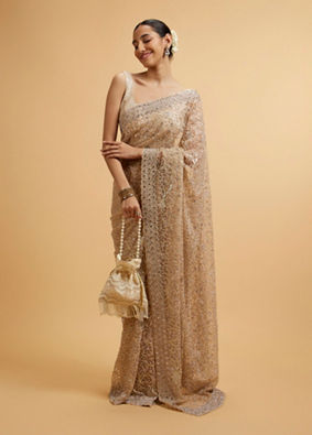 Mohey Women Beige Bel Buti Patterned Stone Embellished Saree