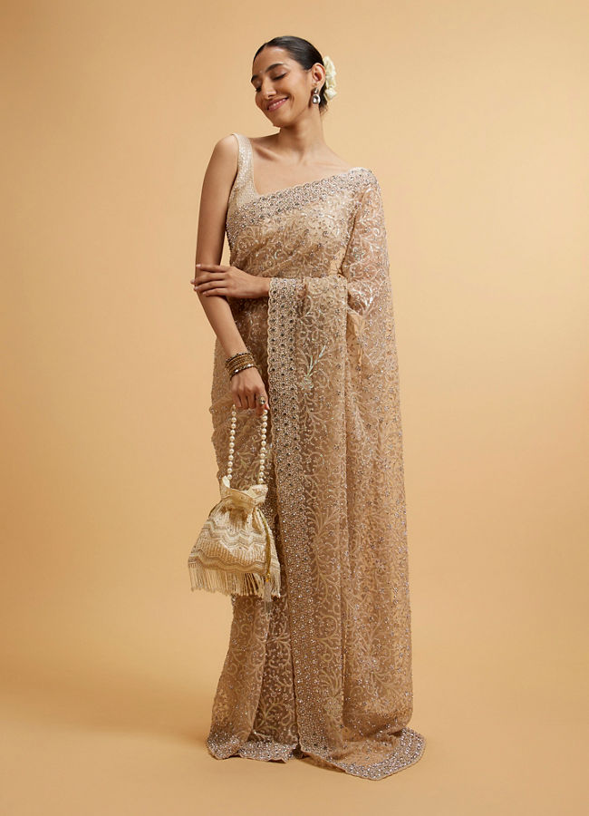 Mohey Women Beige Bel Buti Patterned Stone Embellished Saree