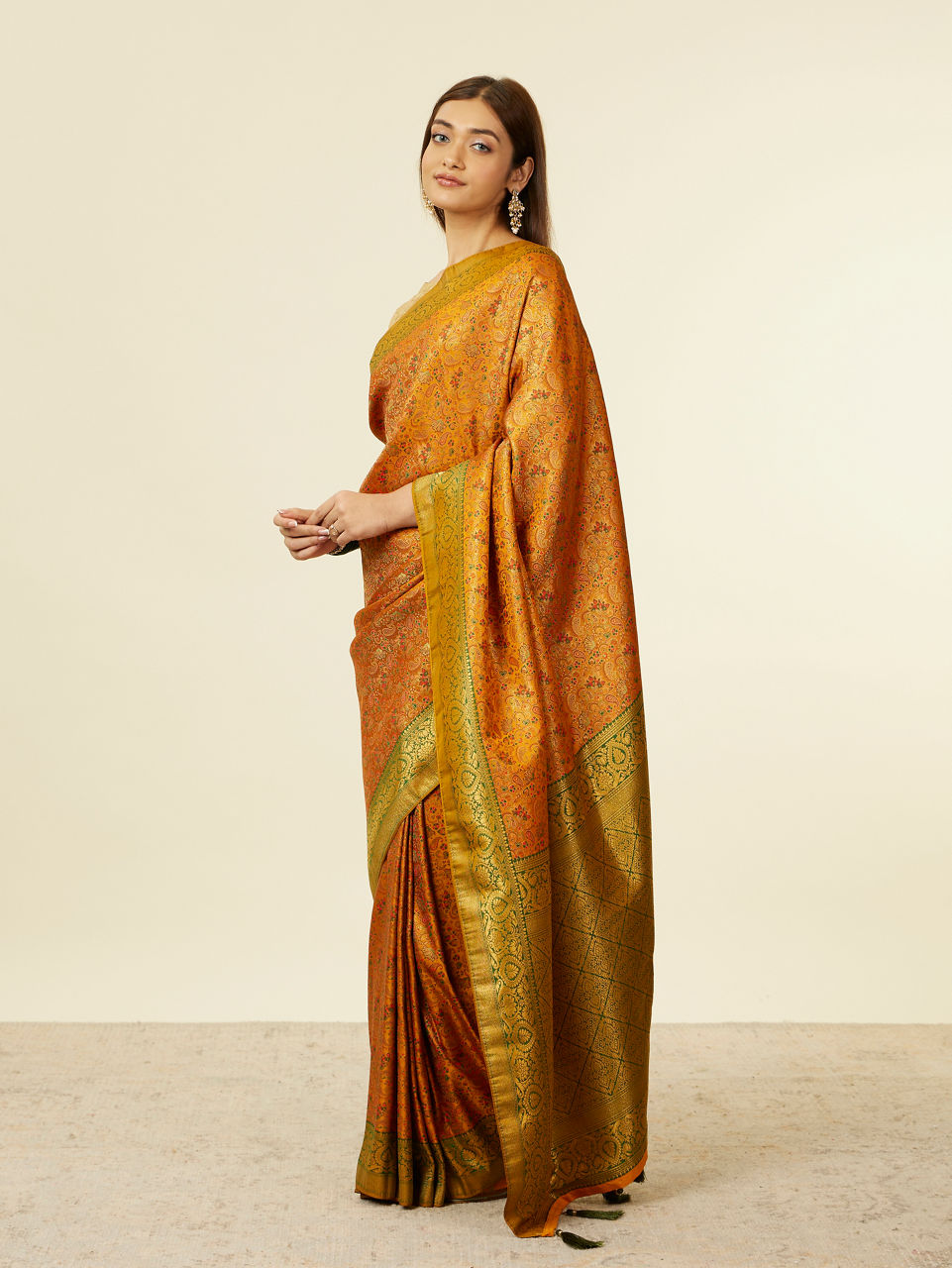 Mohey Women Mustard Yellow Bel Buti Patterned Saree with Trim Latkans
