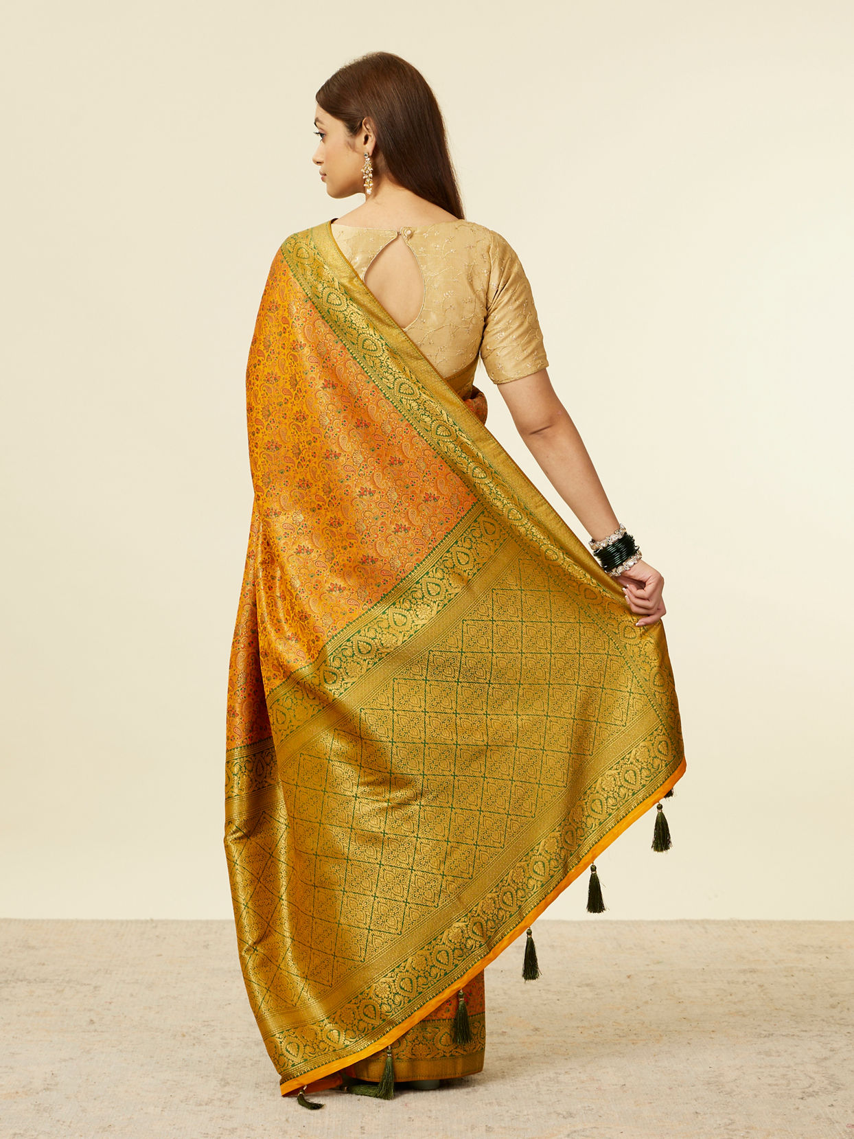 Mohey Women Mustard Yellow Bel Buti Patterned Saree with Trim Latkans