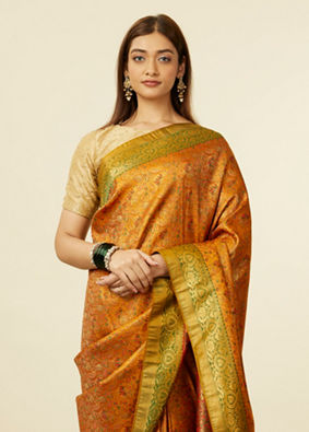 alt message - Mohey Women Mustard Yellow Bel Buti Patterned Saree with Trim Latkans image number 1