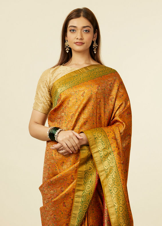 Mohey Women Mustard Yellow Bel Buti Patterned Saree with Trim Latkans