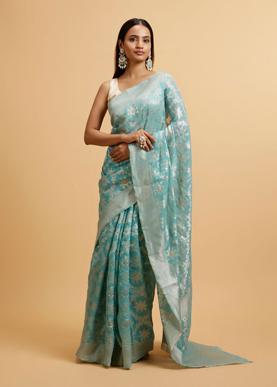 Mohey Women Light Blue Floral Jaal Patterned Saree