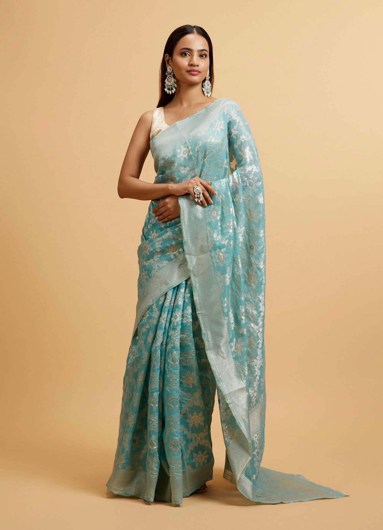 Mohey Women Light Blue Floral Jaal Patterned Saree