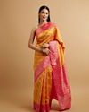 alt message - Mohey Women Yellow Floral Buta Patterned with Jaal Pattern Saree image number 0