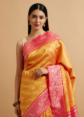alt message - Mohey Women Yellow Floral Buta Patterned with Jaal Pattern Saree image number 1