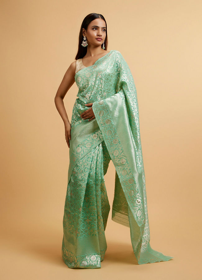 alt message - Mohey Women Sea Green Bel Buti Patterned Saree image number 0