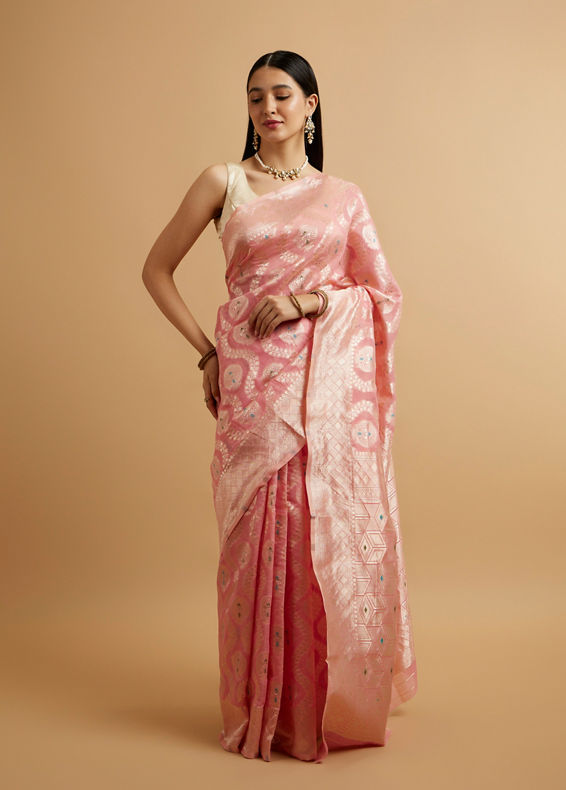 Mohey Women Pink Floral Leaf Patterned Saree with Diamond Motifs