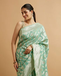 Mohey Women Sea Green Floral Leaf Patterned Saree with Jaal Pattern
