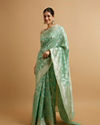 Mohey Women Sea Green Floral Leaf Patterned Saree with Jaal Pattern