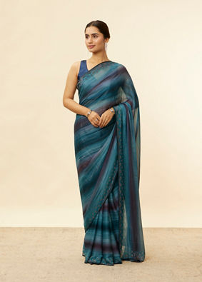 Mohey Women Brilliant Blue Ombre Scallop Shell Bordered Saree