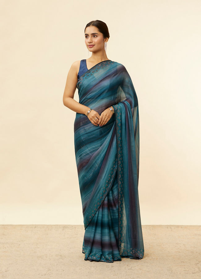 Mohey Women Brilliant Blue Ombre Scallop Shell Bordered Saree
