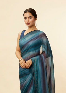 Mohey Women Brilliant Blue Ombre Scallop Shell Bordered Saree