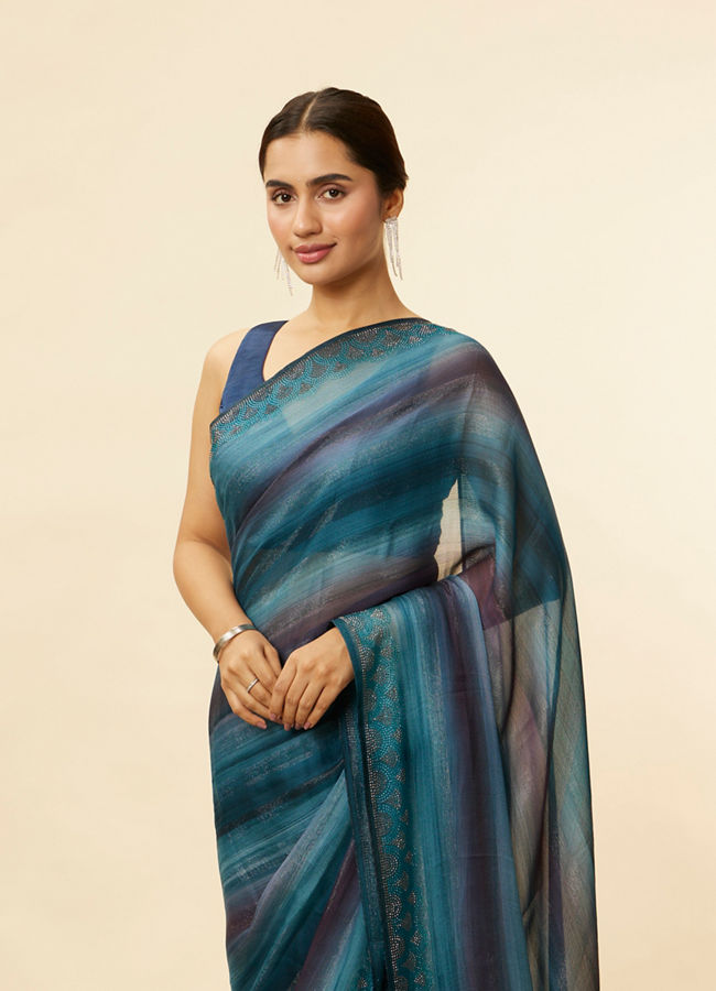 Mohey Women Brilliant Blue Ombre Scallop Shell Bordered Saree