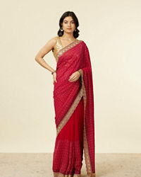 Mohey Women Royal Red Self Striped Saree with Gota Patti Border