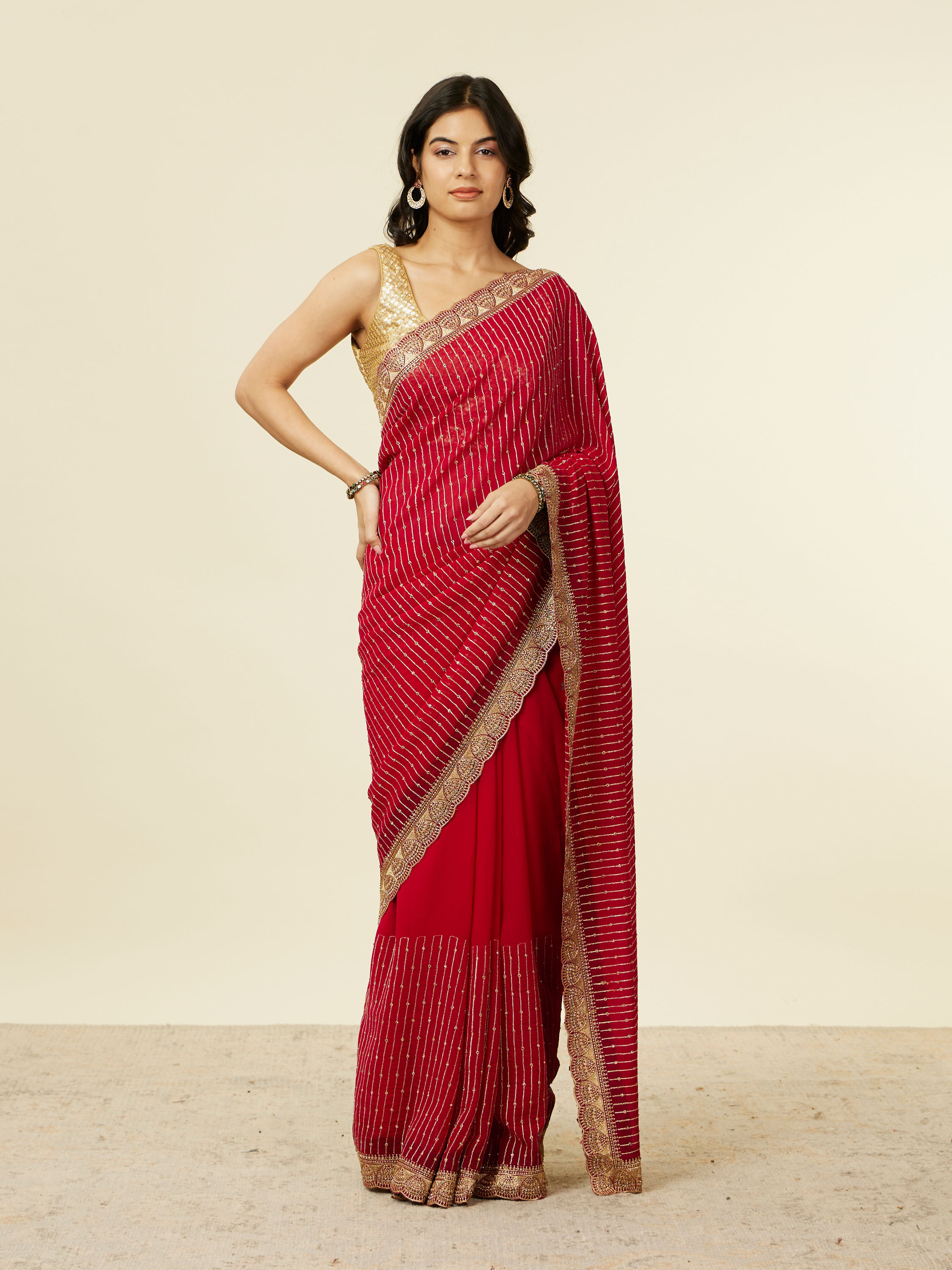 Mohey Women Royal Red Self Striped Saree with Gota Patti Border