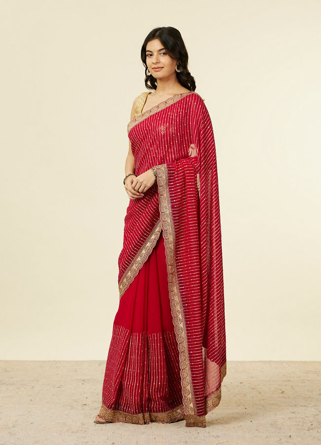 Mohey Women Royal Red Self Striped Saree with Gota Patti Border