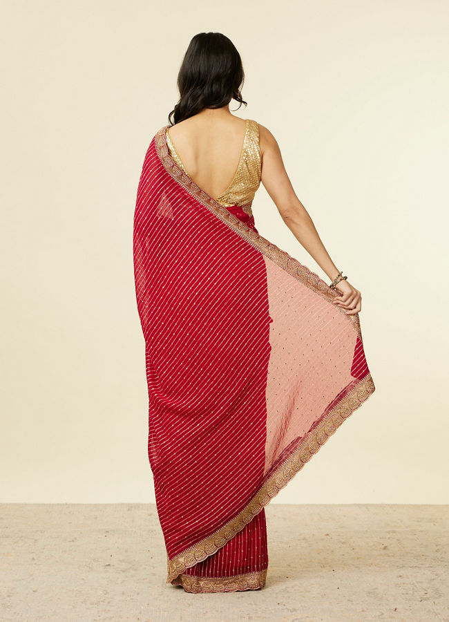 Mohey Women Royal Red Self Striped Saree with Gota Patti Border