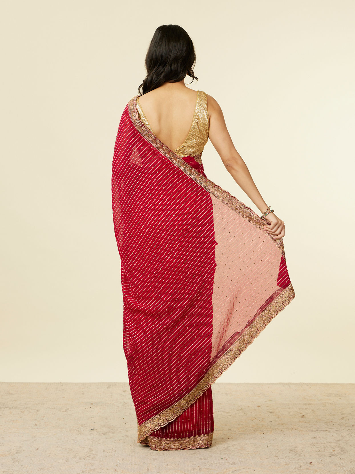 Mohey Women Royal Red Self Striped Saree with Gota Patti Border