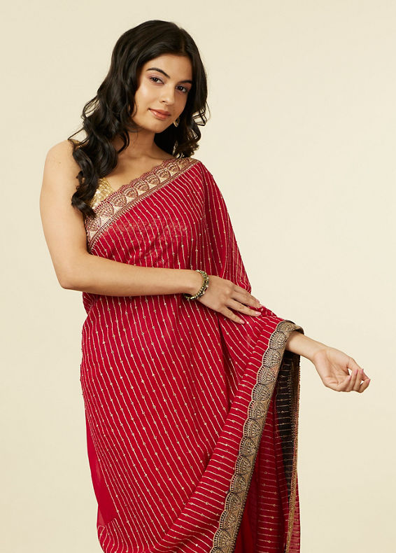 Mohey Women Royal Red Self Striped Saree with Gota Patti Border