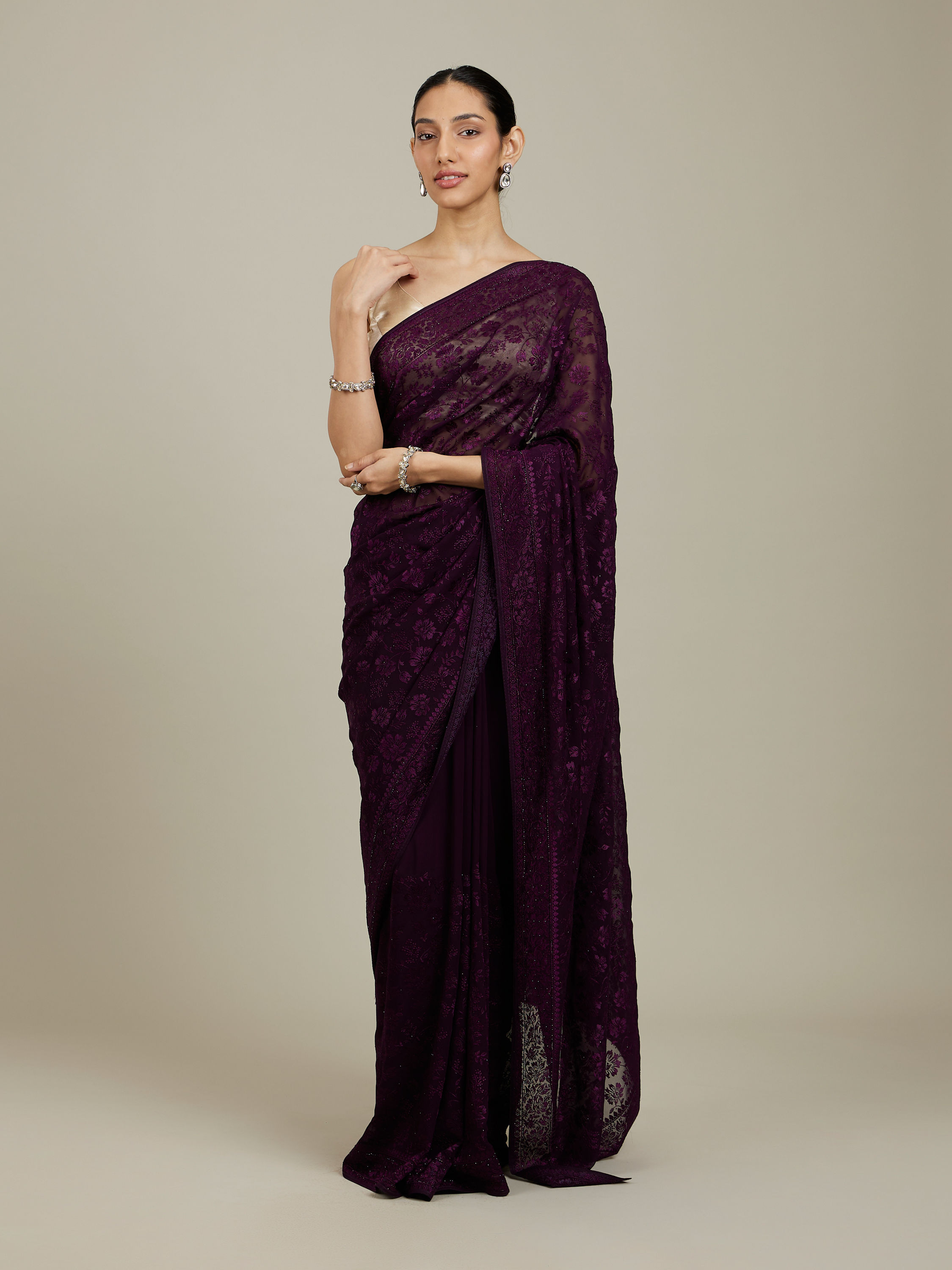 Mohey Women Wine Bel Buti Patterned Saree with Rhinestones