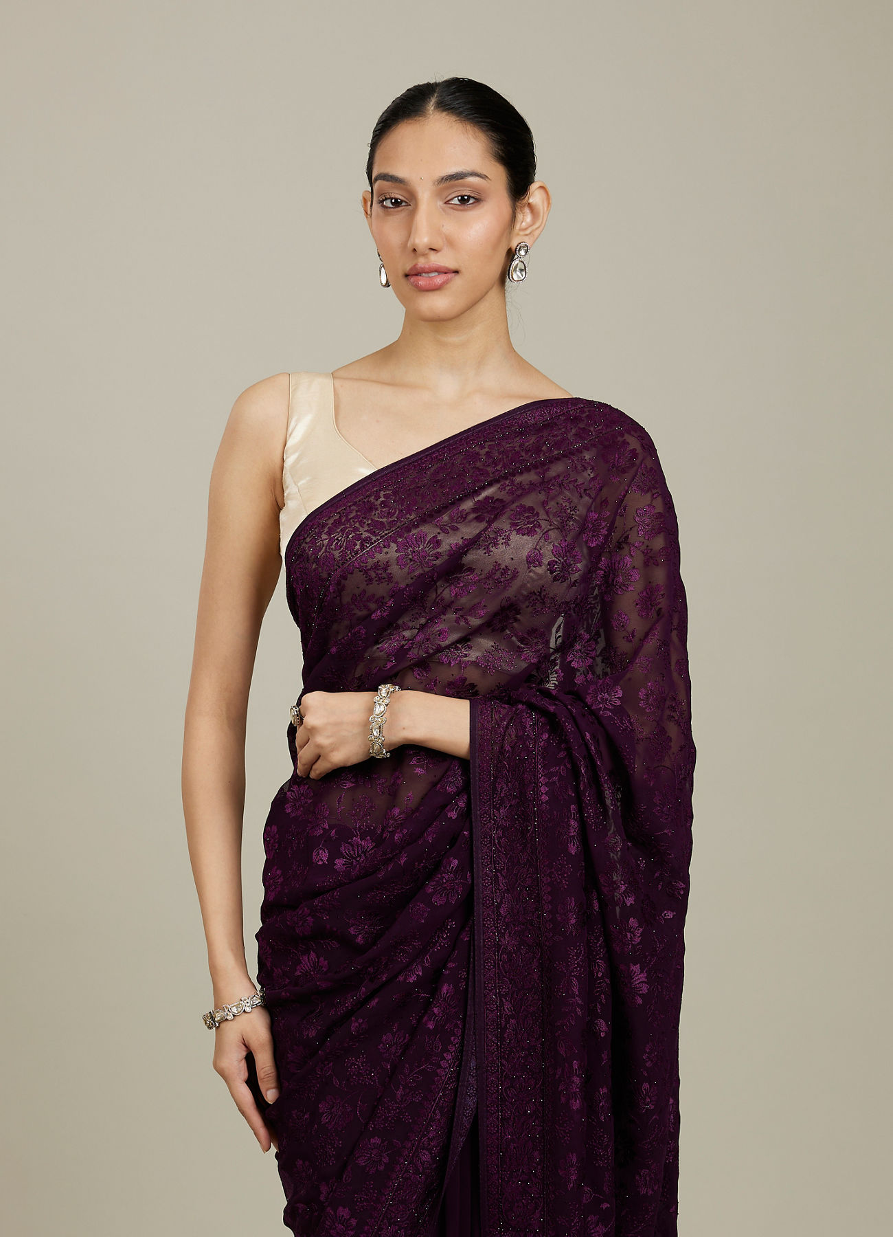 Mohey Women Wine Bel Buti Patterned Saree with Rhinestones