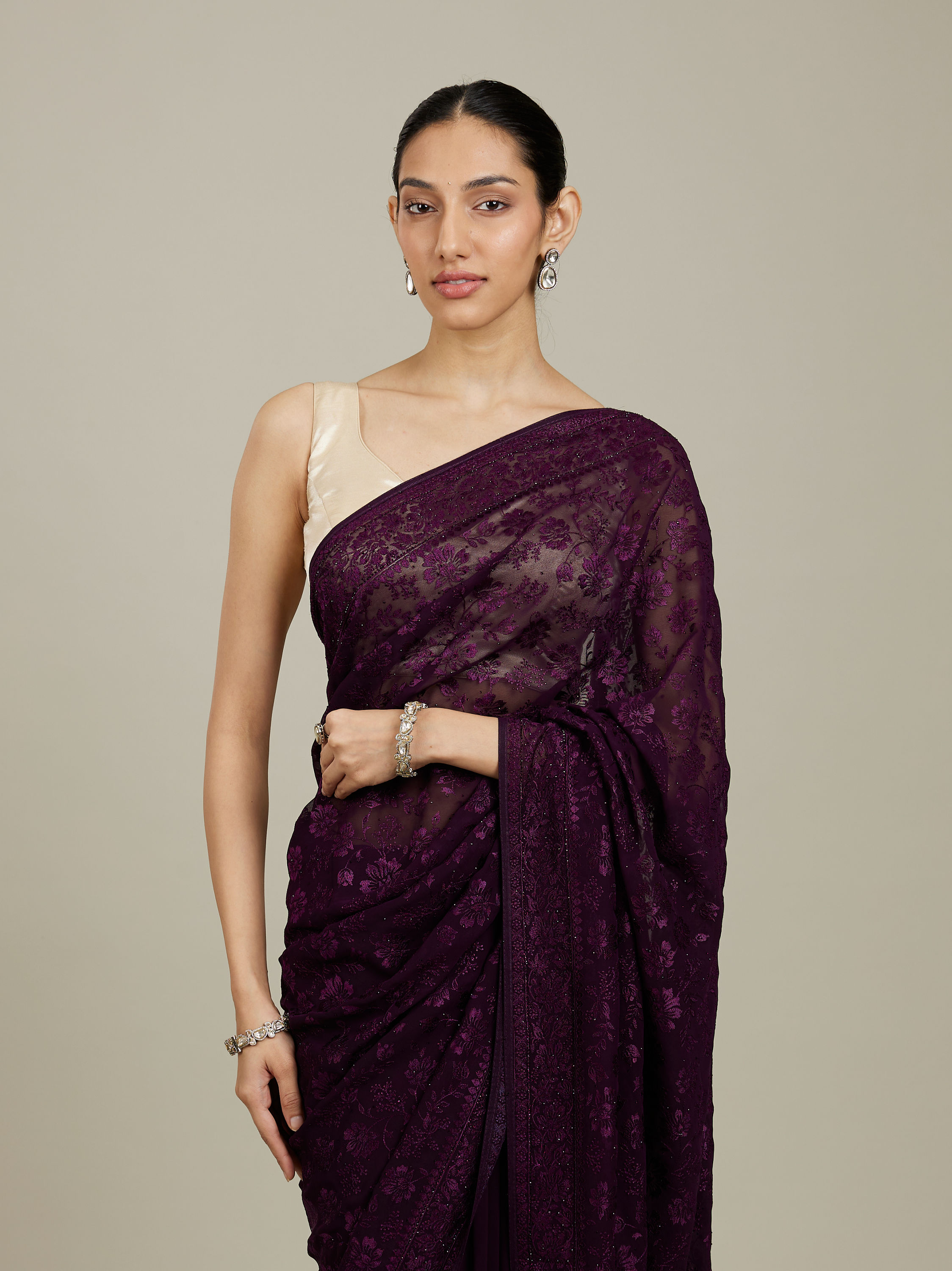 Mohey Women Wine Bel Buti Patterned Saree with Rhinestones