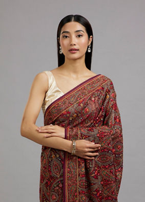 Mohey Women Wine Majesty Georgette Saree
