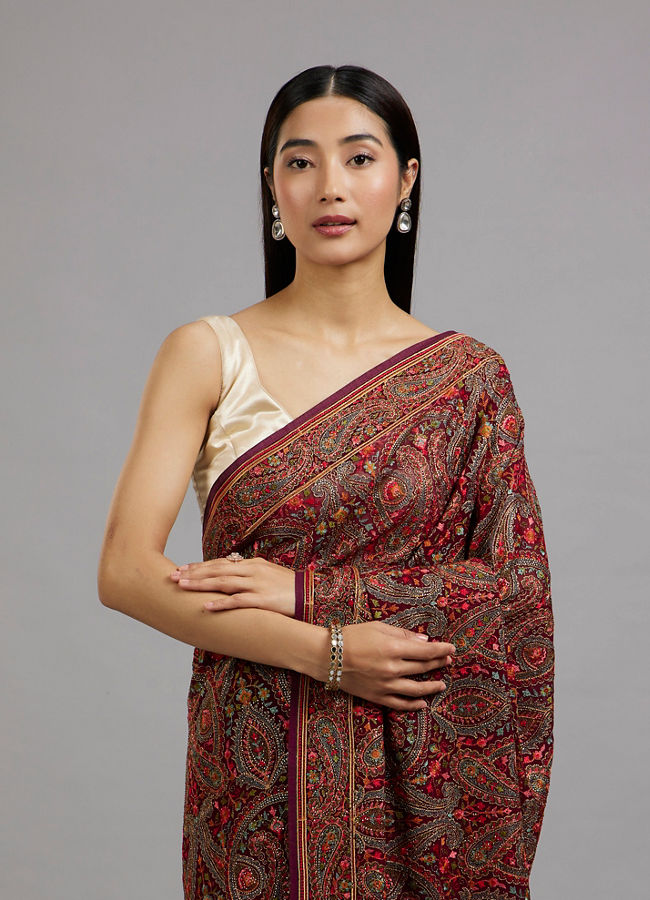 Mohey Women Wine Majesty Georgette Saree