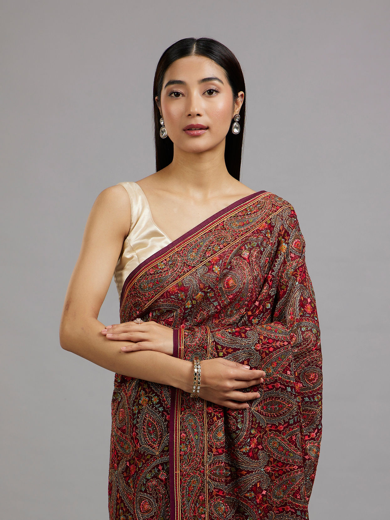 Mohey Women Wine Majesty Georgette Saree