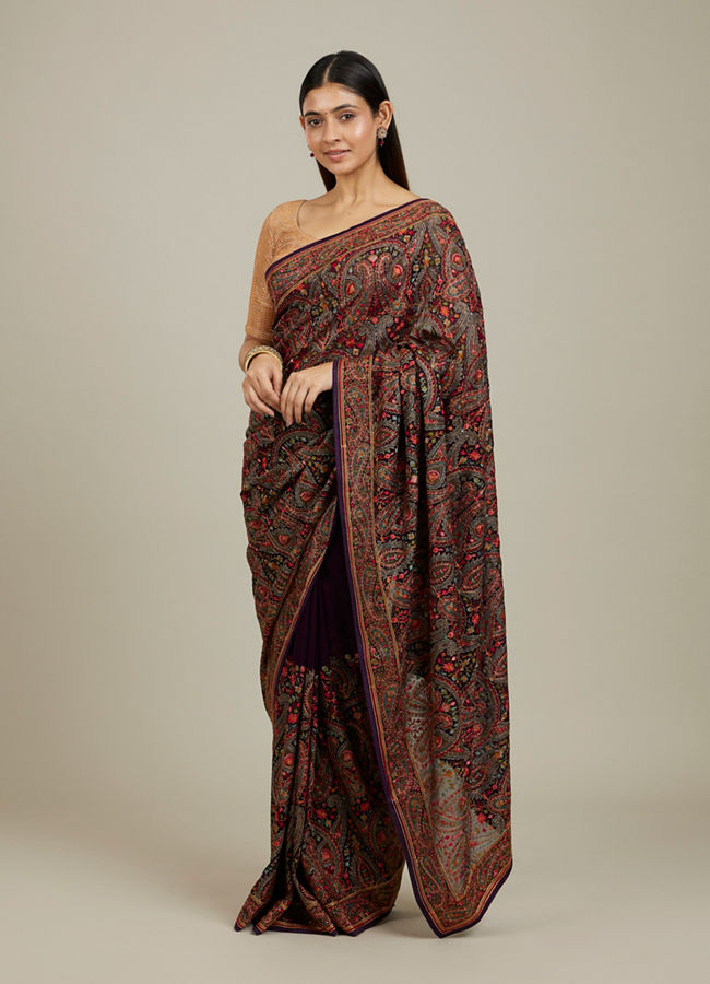 Mohey Women Royal Purple Paisley Patterned Saree with Rhinestone Work