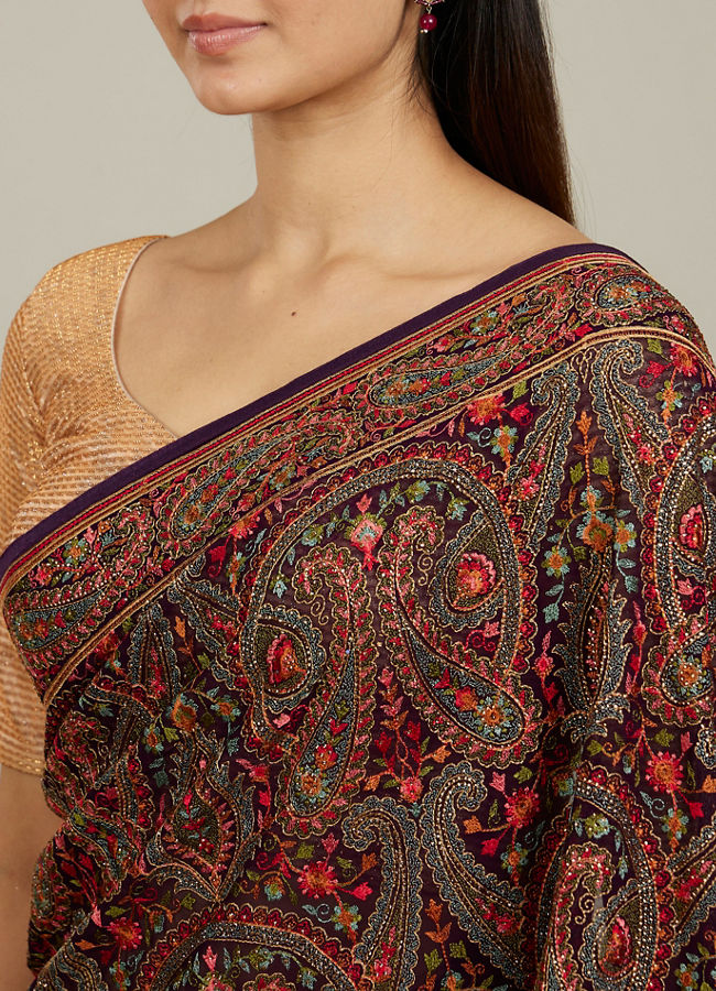 Mohey Women Royal Purple Paisley Patterned Saree with Rhinestone Work