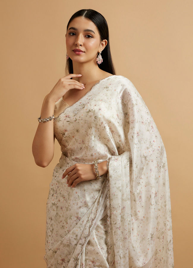 Mohey Women Dark Cream Floral Watercolour Patterned Saree with Rhinestone Work