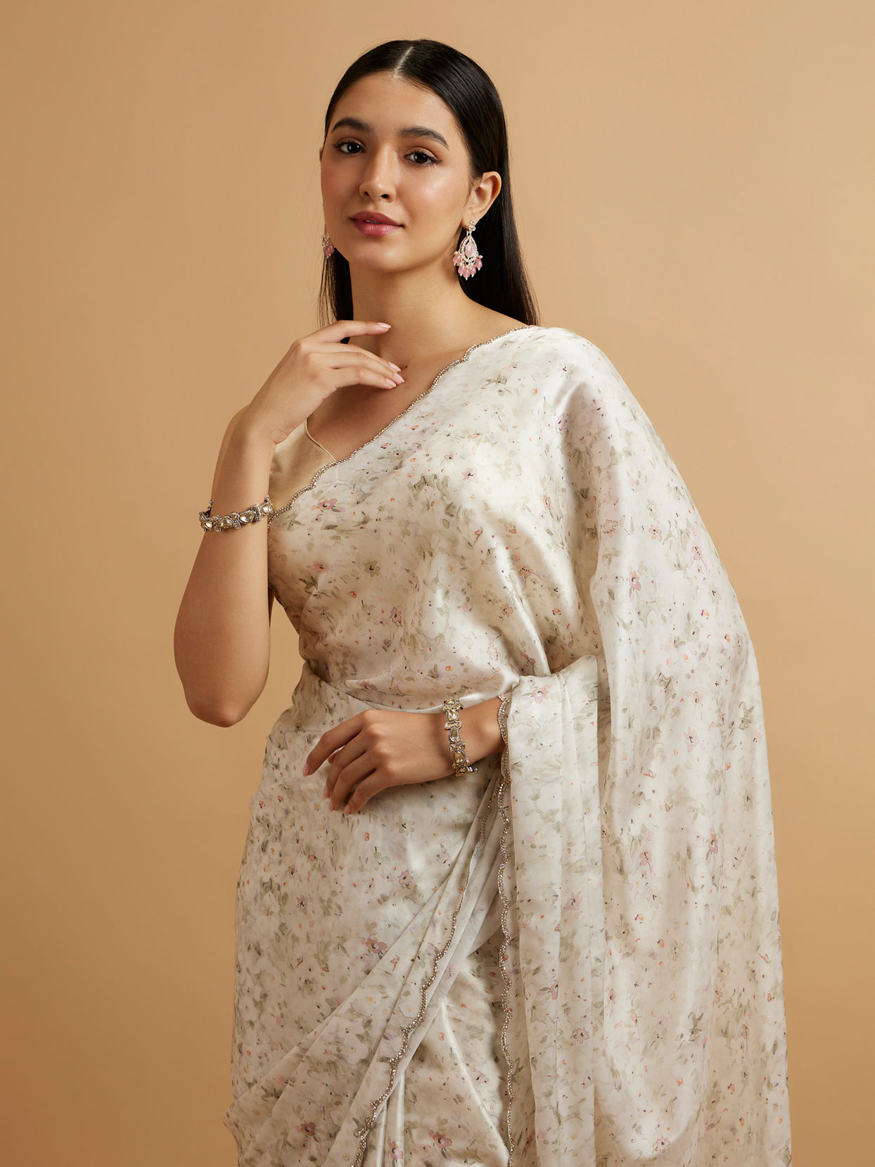 Mohey Women Dark Cream Floral Watercolour Patterned Saree with Rhinestone Work